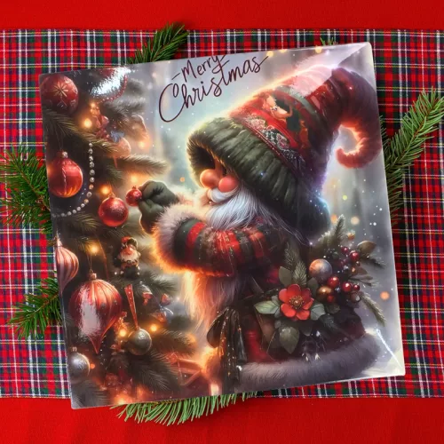 Műanyag négyszögletű tálca Karácsonyfát díszítő manó 30x30cm