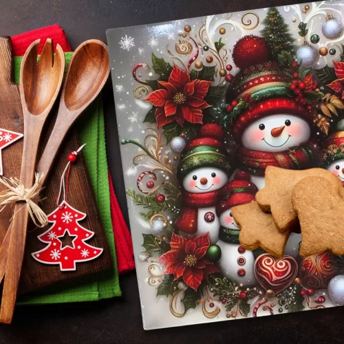 Műanyag négyszögletű tálca Hóember család 30x30cm