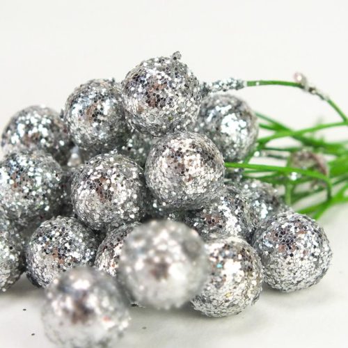 Csillámos drótos bogyó ezüst 24db/csomag