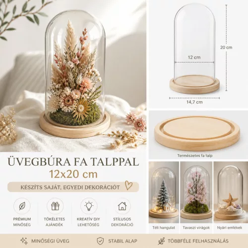 Üvegbúra fa talppal 12x20 cm – prémium DIY dekor és ajándék készítő búra