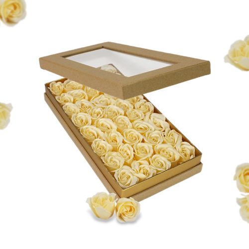 Prémium szappanrózsa szelence átlátszó tetejű natúr dobozban - krém rózsával