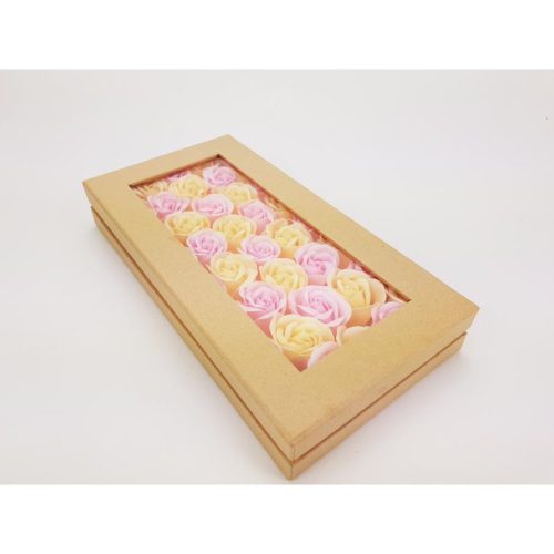 Prémium szappanrózsa szelence átlátszó tetejű natúr dobozban-krém és rózsaszín rózsával