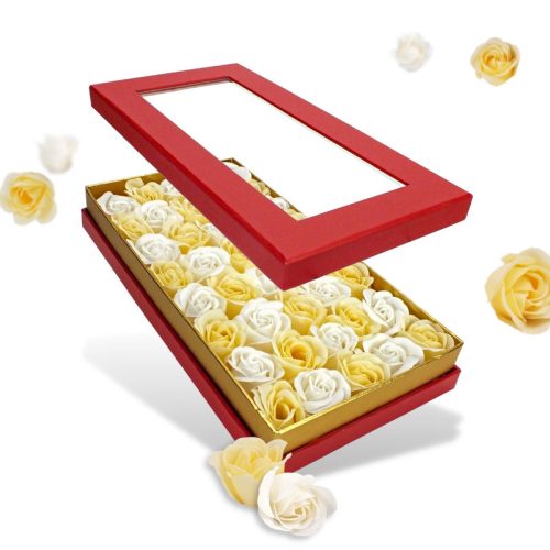 Prémium szappanrózsa szelence átlátszó tetejű piros dobozban - krém és fehér rózsával