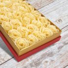 Prémium szappanrózsa szelence átlátszó tetejű piros dobozban - krém rózsával