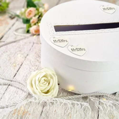 Esküvői persely fehér csipkés-szíves 25cm