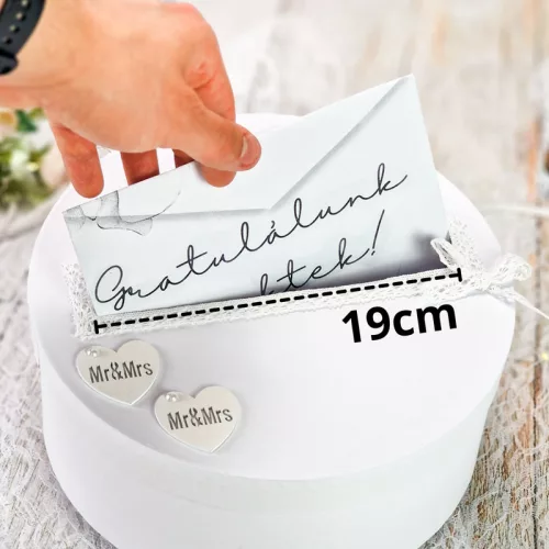 Esküvői persely fehér csipkés-szíves 25cm