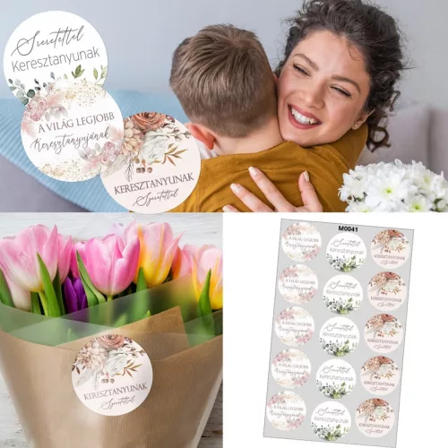 Matrica - Anyák napi kerek matrica Keresztanyu - pasztell 15db/lap